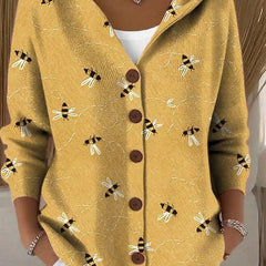 Mustard yellow bee-print hooded cardigan with button front and three-quarter sleeves