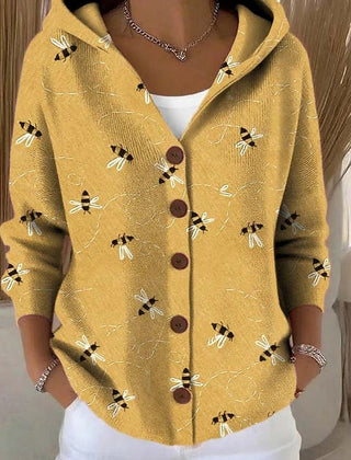 Mustard yellow bee-print hooded cardigan with button front and three-quarter sleeves