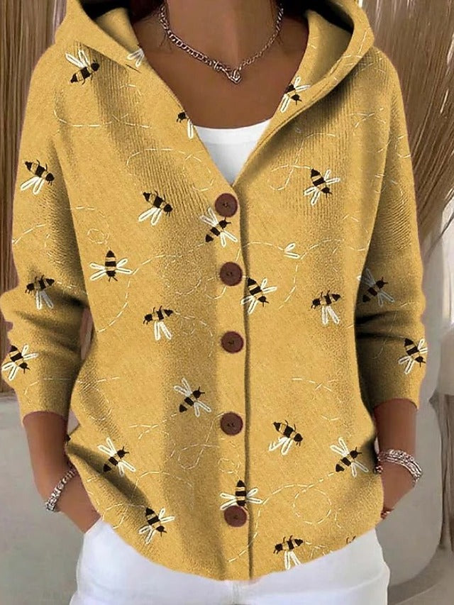 Mustard yellow bee-print hooded cardigan with button front and three-quarter sleeves