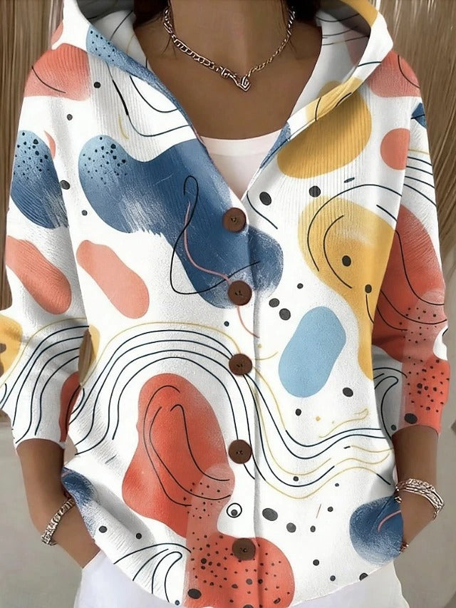 Abstract art-print hooded cardigan with wooden-look buttons and three-quarter sleeves