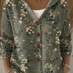 Dark green floral hooded cardigan with wooden-look buttons and three-quarter sleeves