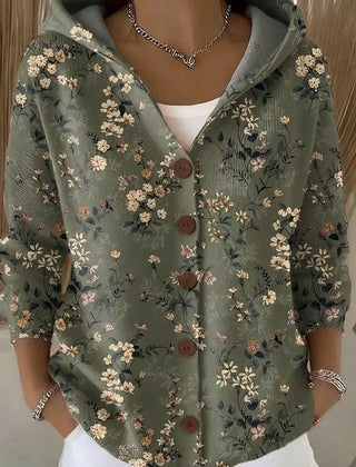 Dark green floral hooded cardigan with wooden-look buttons and three-quarter sleeves