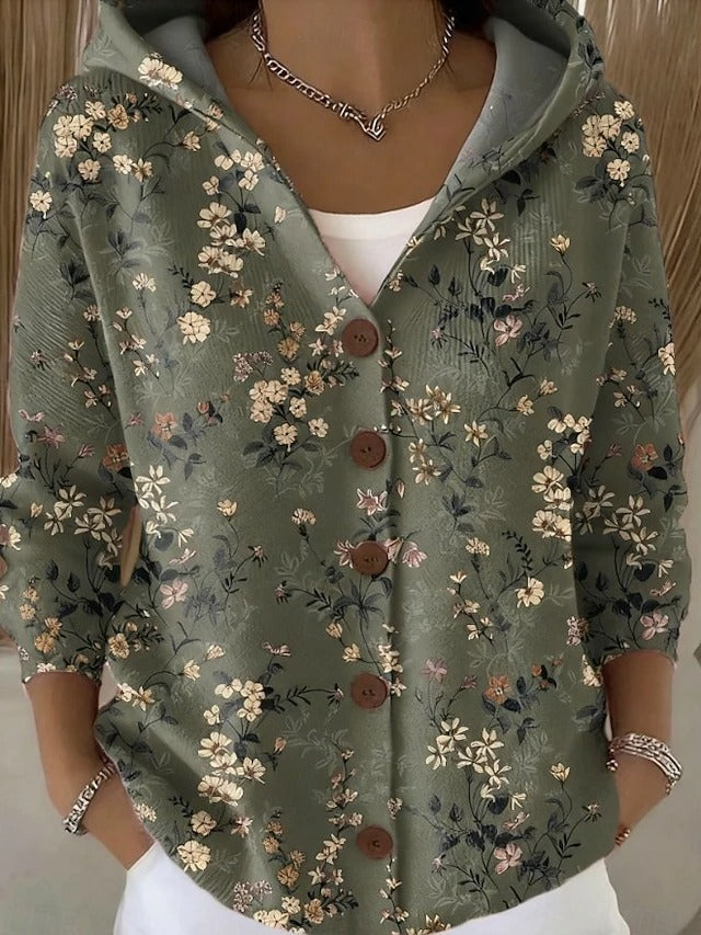 Dark green floral hooded cardigan with wooden-look buttons and three-quarter sleeves