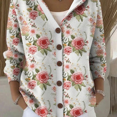 White rose-print hooded cardigan with wooden-look buttons and three-quarter sleeves