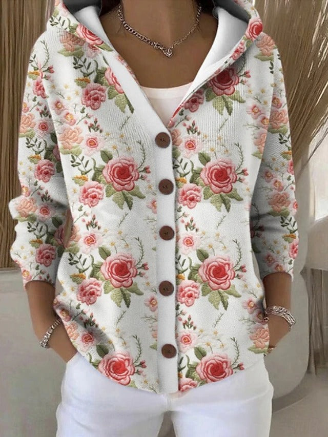 White rose-print hooded cardigan with wooden-look buttons and three-quarter sleeves