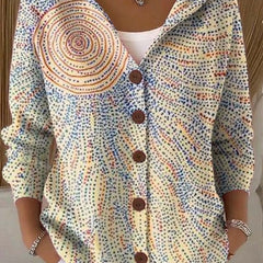 Pastel spiral dot-print hooded cardigan with wooden-look buttons and three-quarter sleeves