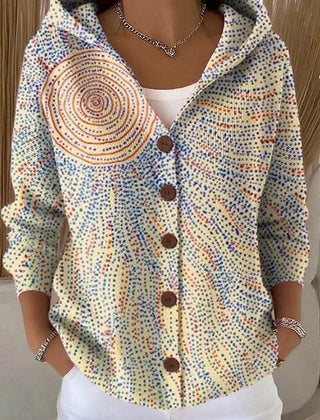 Pastel spiral dot-print hooded cardigan with wooden-look buttons and three-quarter sleeves