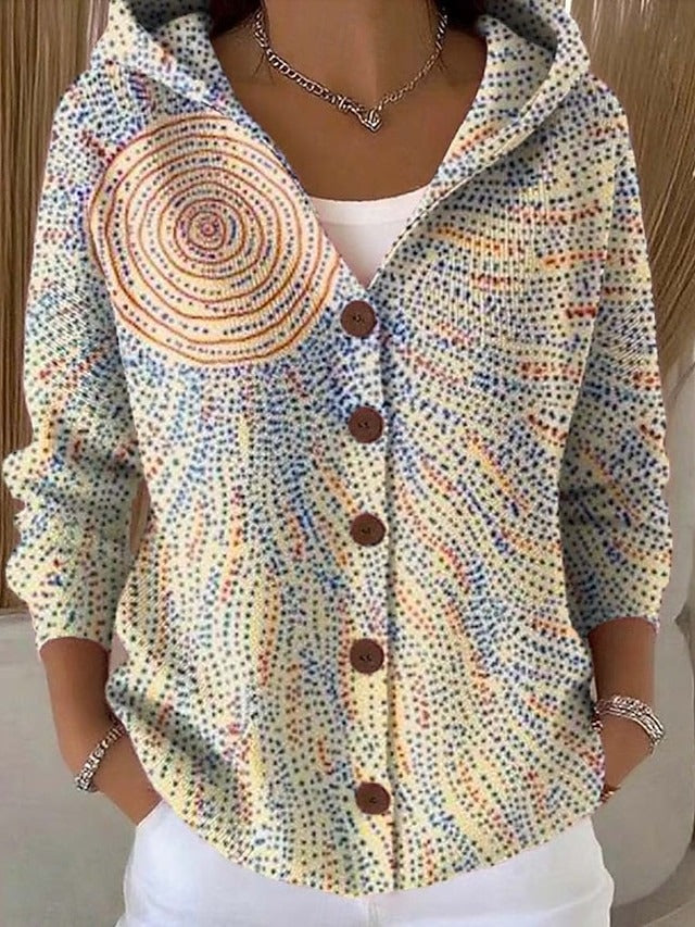 Pastel spiral dot-print hooded cardigan with wooden-look buttons and three-quarter sleeves