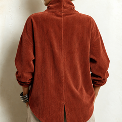 Terracotta corduroy button-up top, back view with long sleeves and center back seam