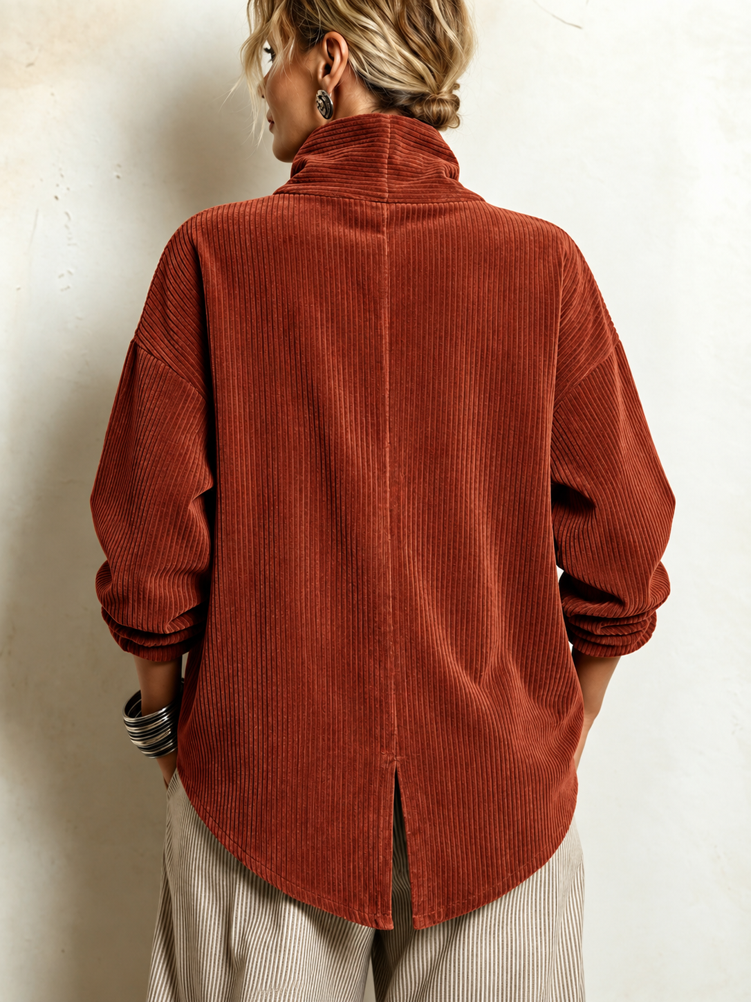 Terracotta corduroy button-up top, back view with long sleeves and center back seam