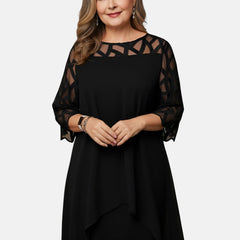 Black semi-sheer sleeve belly-friendly dress with geometric cutout yoke and draped hem