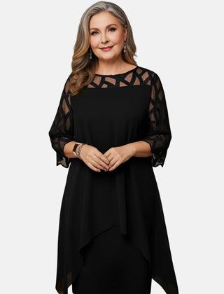 Black semi-sheer sleeve belly-friendly dress with geometric cutout yoke and draped hem