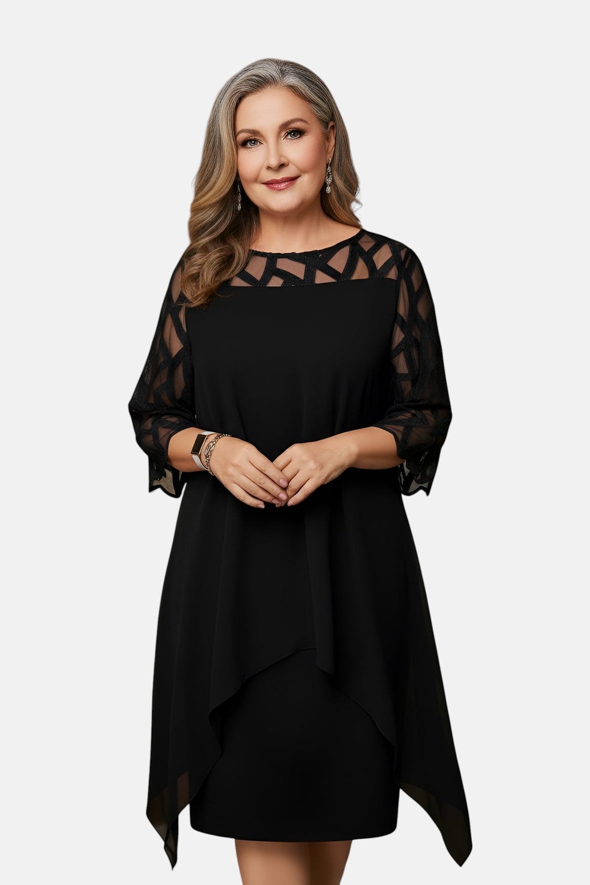 Black semi-sheer sleeve belly-friendly dress with geometric cutout yoke and draped hem