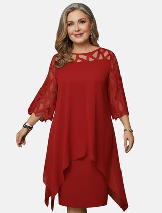 Red dress with sheer mesh sleeves, geometric cutout yoke, and layered asym hem