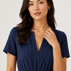 Blue V-neck tiered midi dress with short sleeves and smocked waist