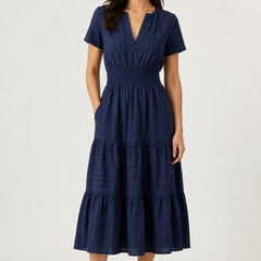 Blue tiered midi dress with short sleeves, V-neck and smocked waist