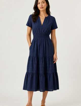 Blue tiered midi dress with short sleeves, V-neck and smocked waist