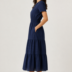 Blue tiered midi dress with short sleeves and V-neck, side view