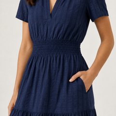 Blue V-neck short-sleeve midi dress with smocked waist and tiered skirt