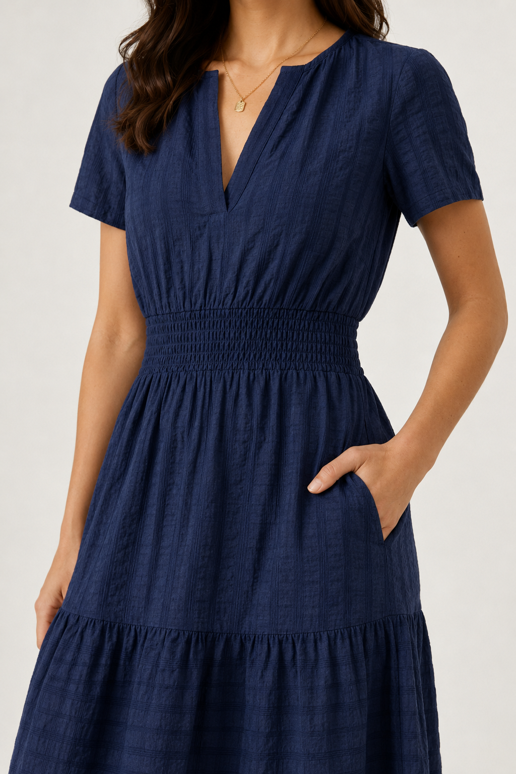 Blue V-neck short-sleeve midi dress with smocked waist and tiered skirt