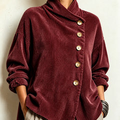 Burgundy corduroy button-up top with mock neck, front button placket, long sleeves.