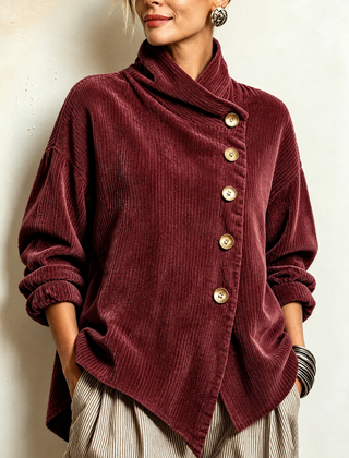 Burgundy corduroy button-up top with mock neck, front button placket, long sleeves.