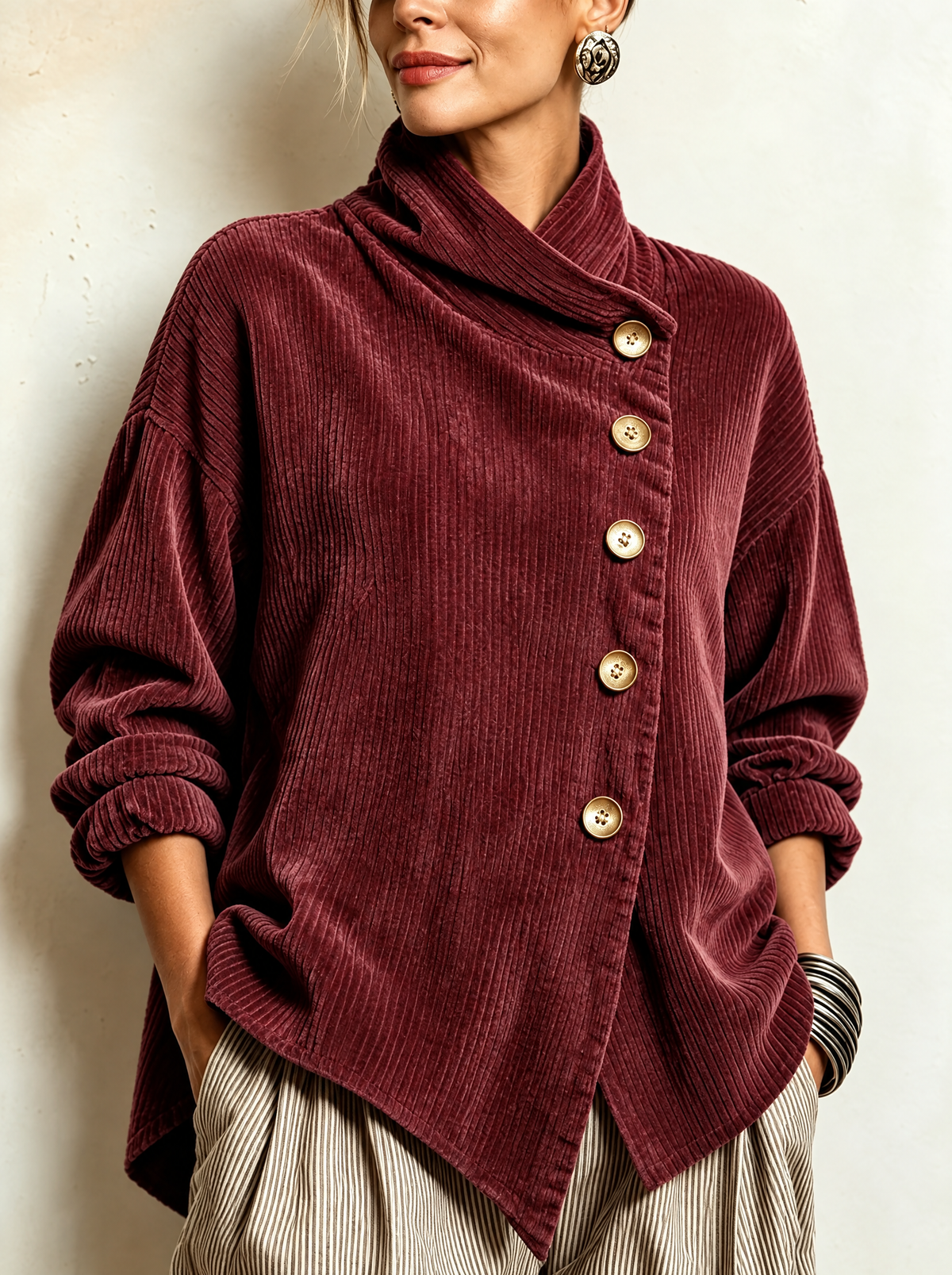 Burgundy corduroy button-up top with mock neck, front button placket, long sleeves.