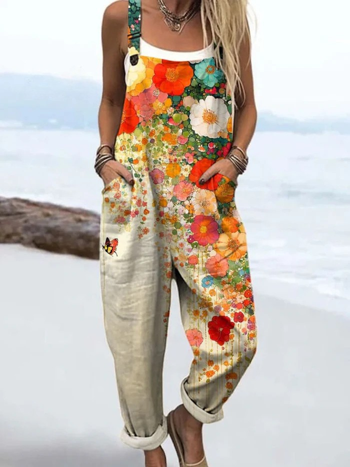 Multicolor floral jumpsuit with wide legs and sleeveless scoop neckline