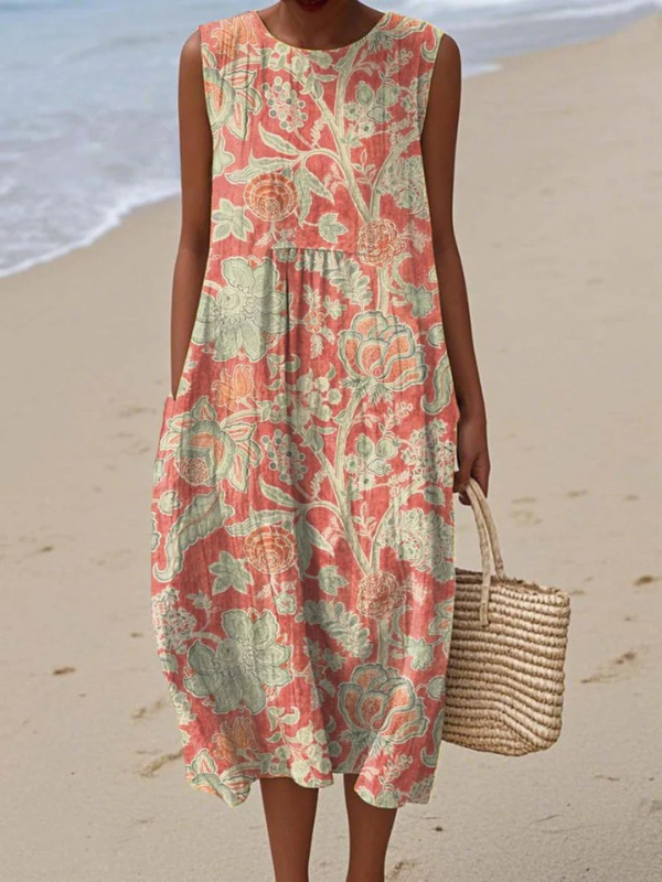 Floral sleeveless midi dress with round neckline, coral and green print
