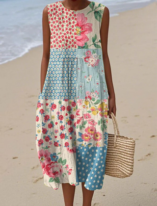Patchwork midi dress, sleeveless with floral and patterned multicolor panels