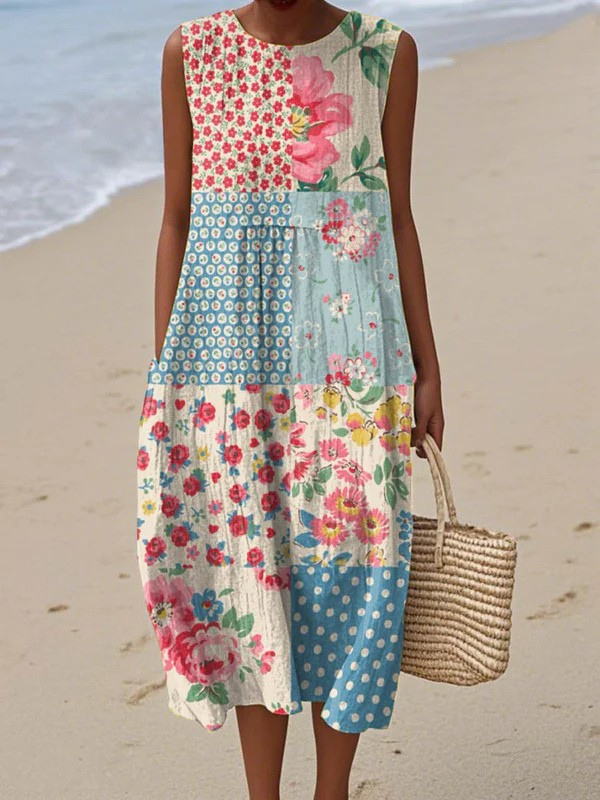 Patchwork midi dress, sleeveless with floral and patterned multicolor panels