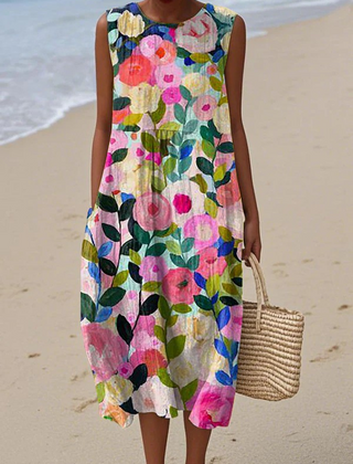 Multicolor floral midi dress with sleeveless cut and gathered waist detail