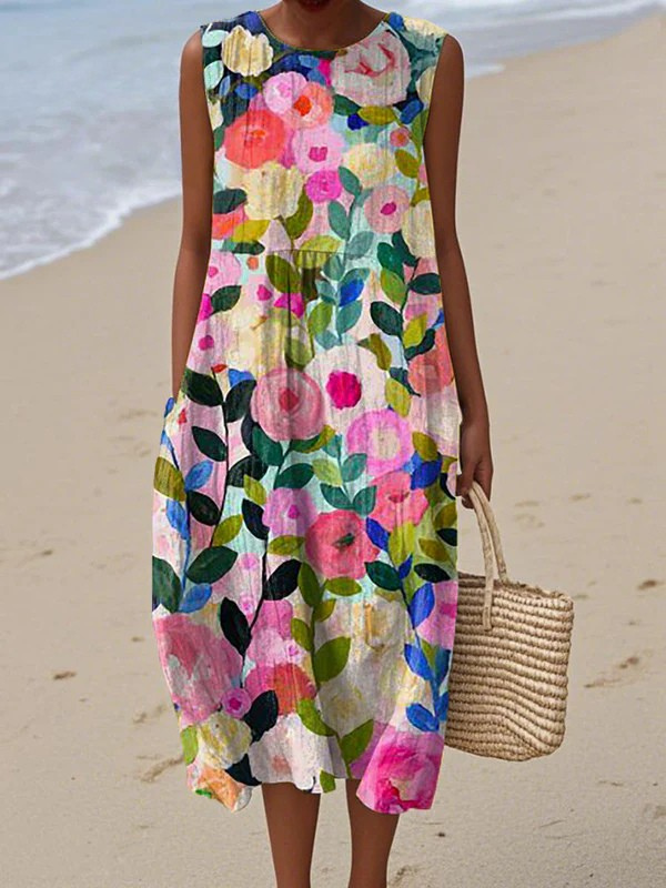 Multicolor floral midi dress with sleeveless cut and gathered waist detail