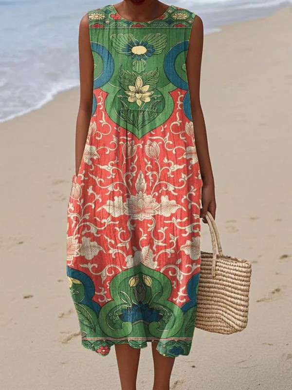 Vera™ bohemian midi dress, sleeveless round neck, multicolor floral paisley print