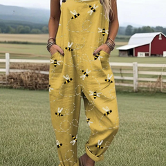 Yellow sleeveless jumpsuit with flying bee embroidery pattern, wide legs