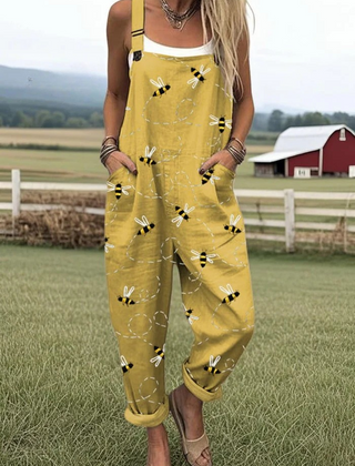 Yellow sleeveless jumpsuit with flying bee embroidery pattern, wide legs