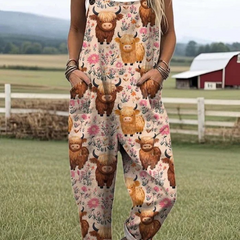 Pink sleeveless jumpsuit with woodland animal and flower print, wide legs
