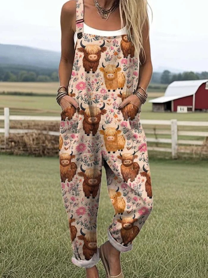 Pink sleeveless jumpsuit with woodland animal and flower print, wide legs