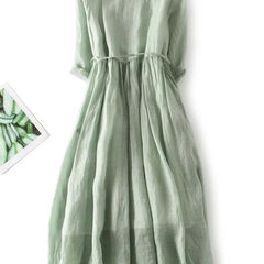 Women’s green short-sleeve lace-up waist dress with tiered gathered skirt