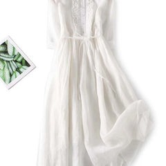Women’s white lace-up waist dress with round neck and ruffled front panel