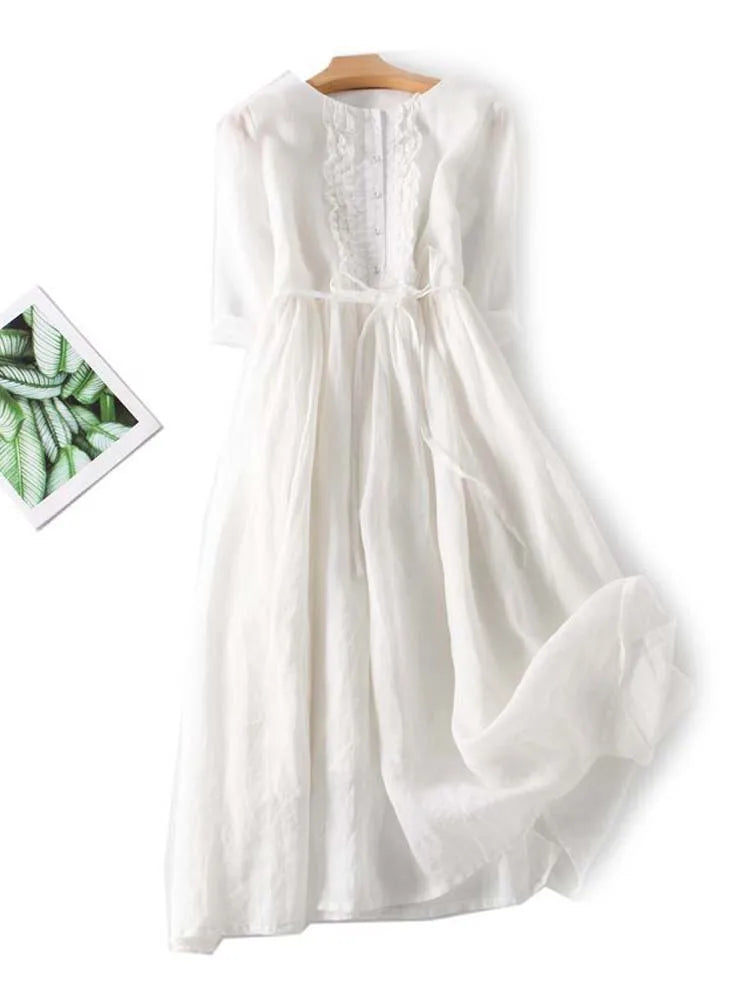 Women’s white lace-up waist dress with round neck and ruffled front panel
