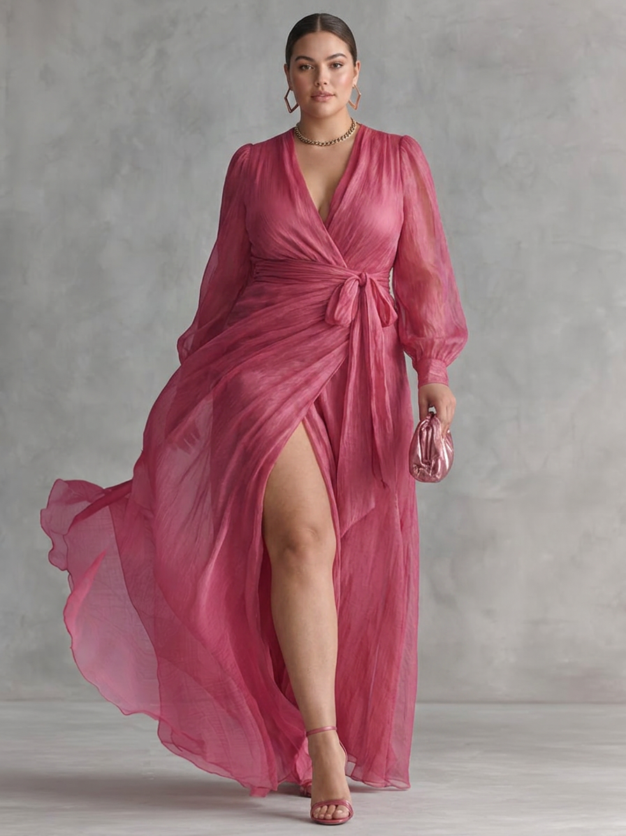 Pink chiffon V-neck tie-waist long dress with puff sleeves and wrap skirt slit