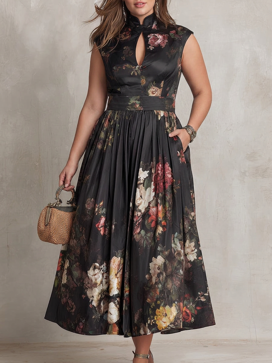 Patricia | Black Floral Satin Pleated Midi Dress