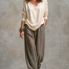 Beige camisole and gray wide-leg palazzo pants set, layered with open long cardigan