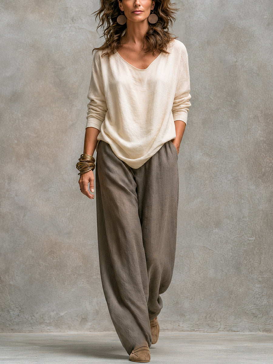 Beige camisole and gray wide-leg palazzo pants set, layered with open long cardigan