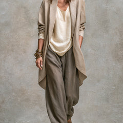 Three-piece beige and gray palazzo set with draped cardigan, camisole, and wide-leg pants