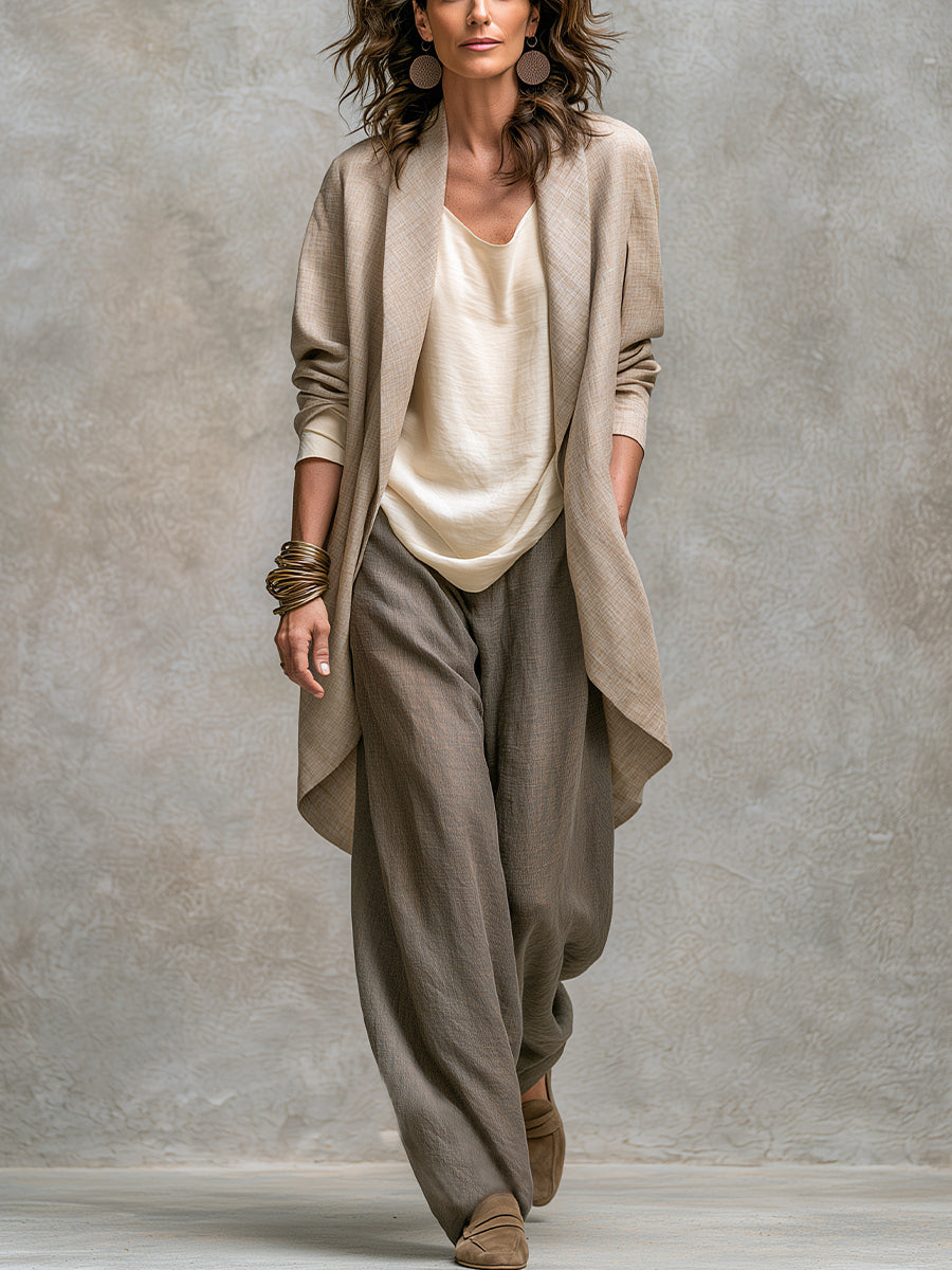 Three-piece beige and gray palazzo set with draped cardigan, camisole, and wide-leg pants