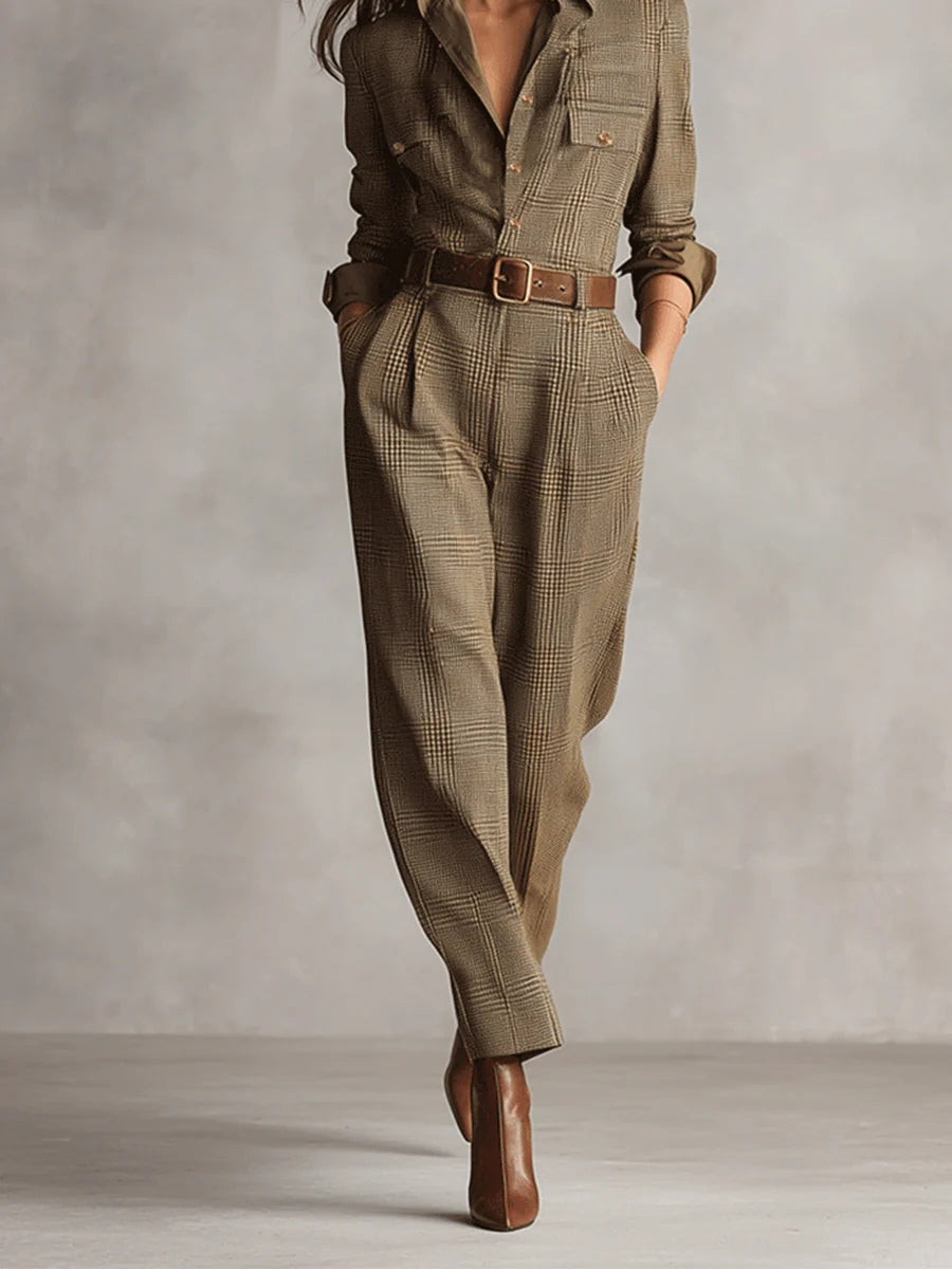 Brown plaid long-sleeve jumpsuit with waist belt and tailored cuffed legs