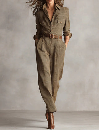 Brown plaid long-sleeve jumpsuit with belt and buttoned collared neckline