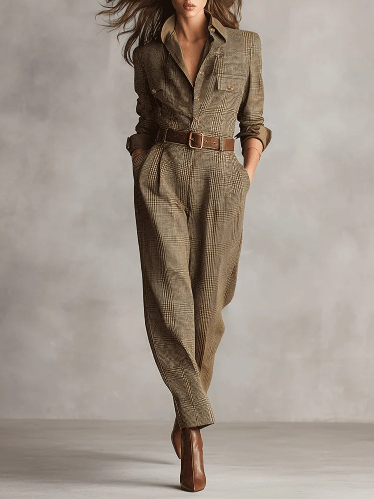 Brown plaid long-sleeve jumpsuit with belt and buttoned collared neckline